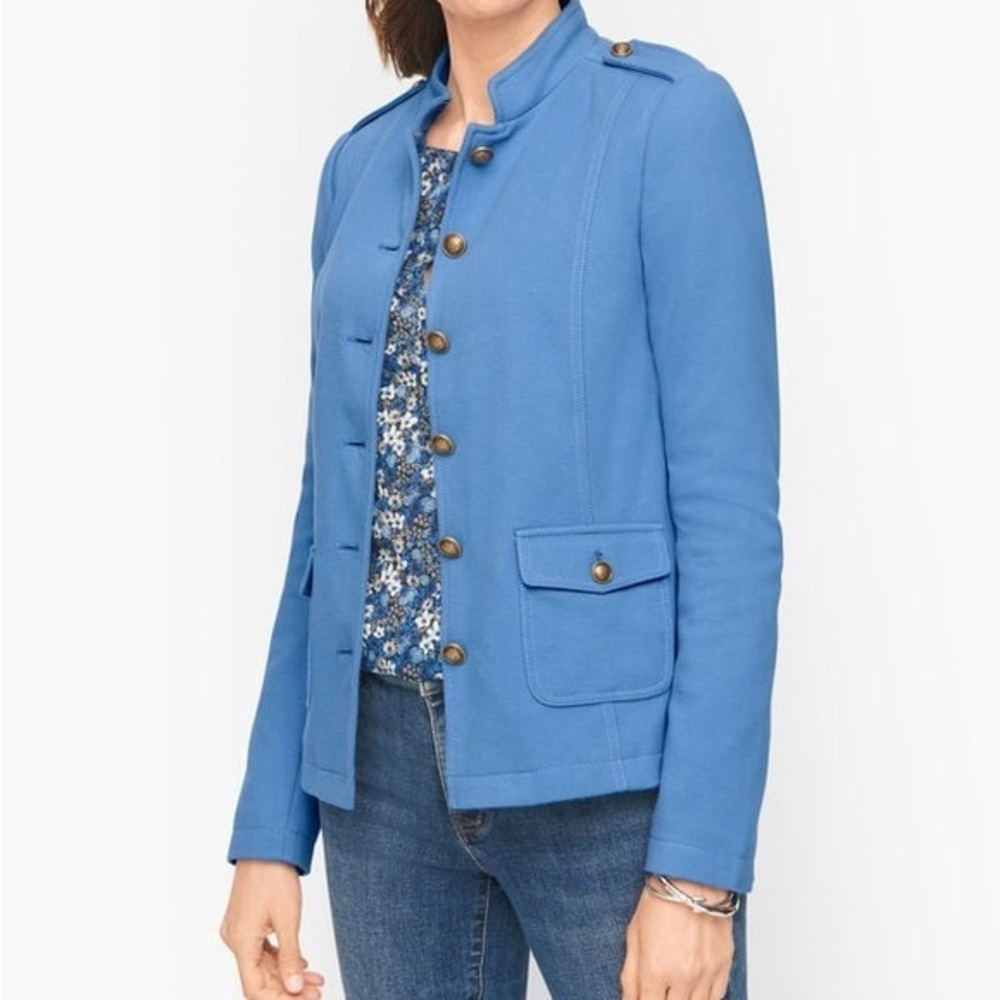 Talbots Blue Gold Button Front Knit Band Jacket